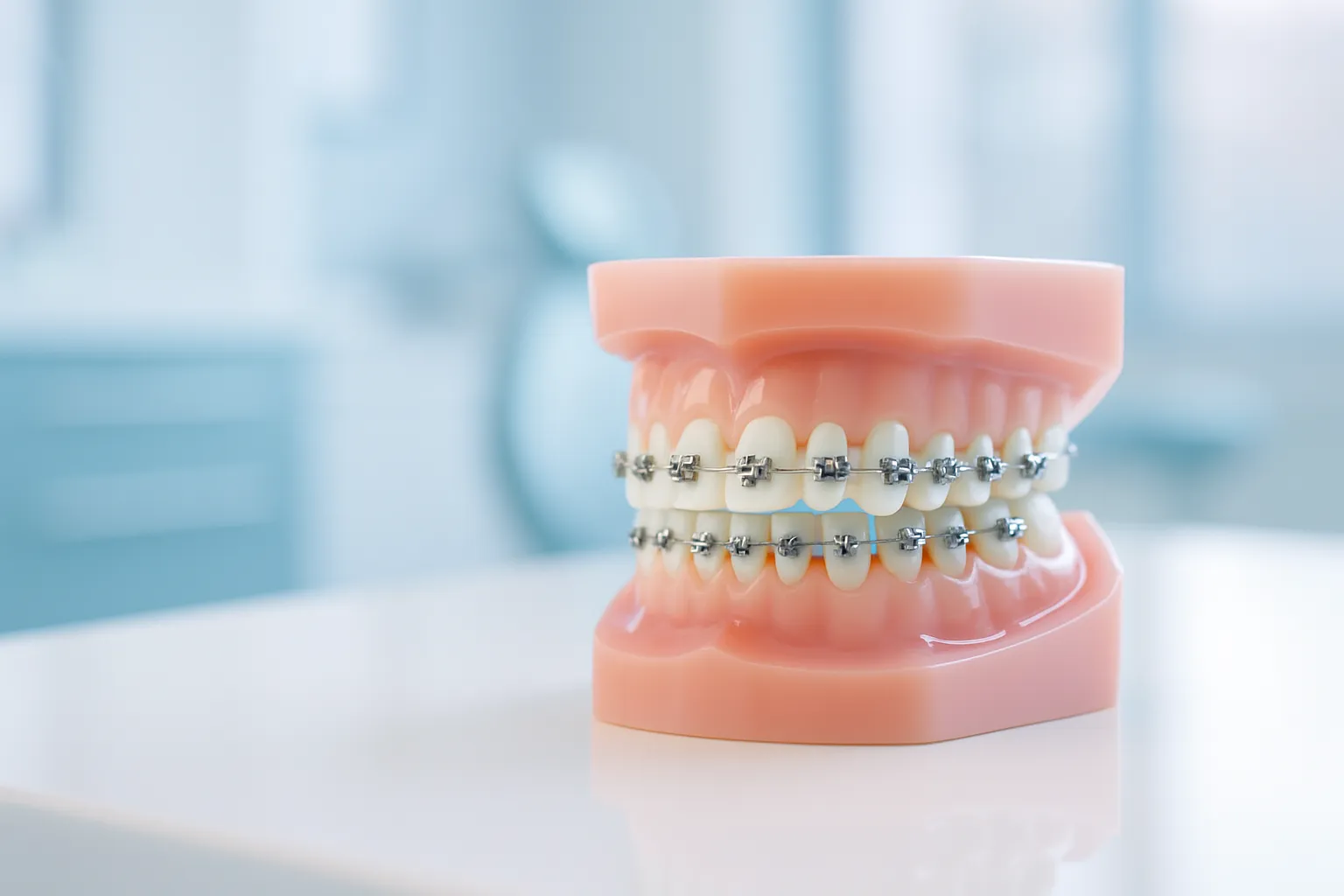 A dental model showing braces