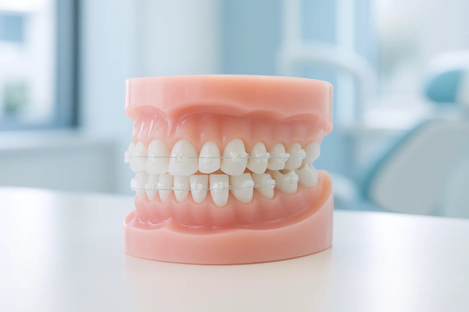A dental model showing clear ceramic braces